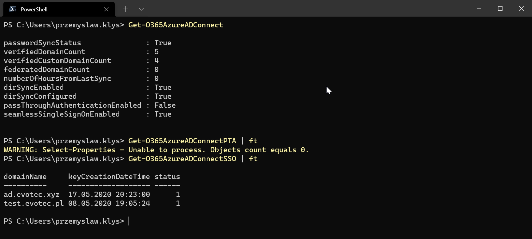 PowerShell output of Get-O365AzureADConnect with PTA warning and SSO status