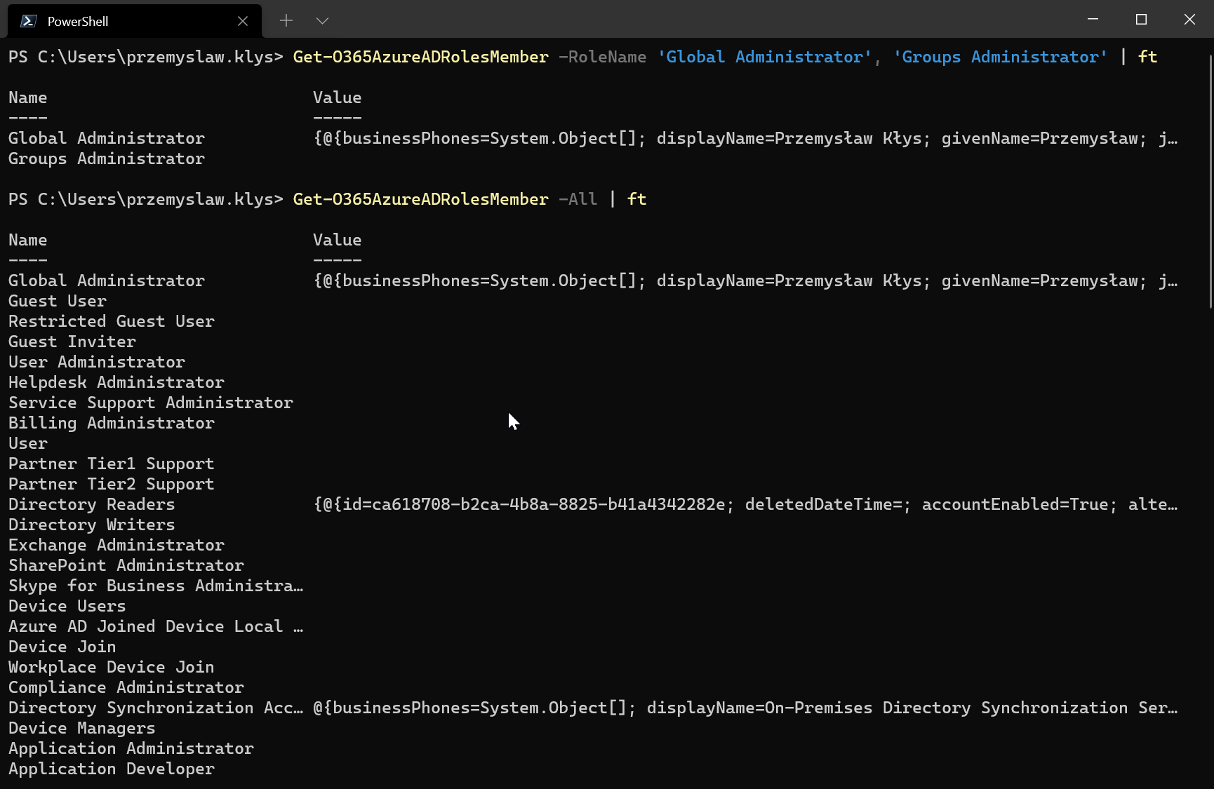 PowerShell output of Get-O365AzureADRolesMember for selected and all roles