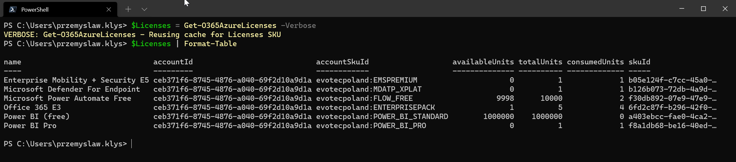 PowerShell table of Office 365 licenses with accountSkuId and unit counts