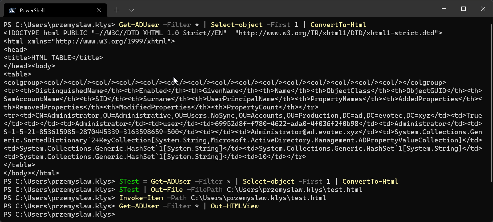 Out-HTMLView output showing a formatted table in the browser