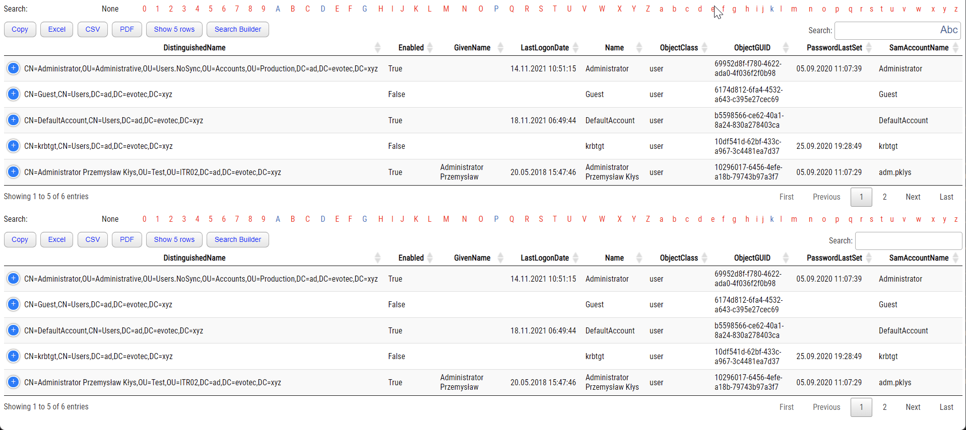 Two tables comparing fuzzy search enabled and disabled