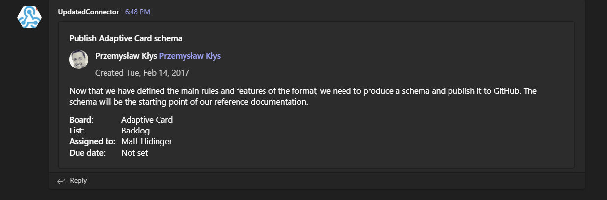 Microsoft Teams adaptive card showing duplicated mention text next to the user name