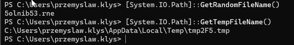 PowerShell output comparing the results of GetTempFileName and GetRandomFileName