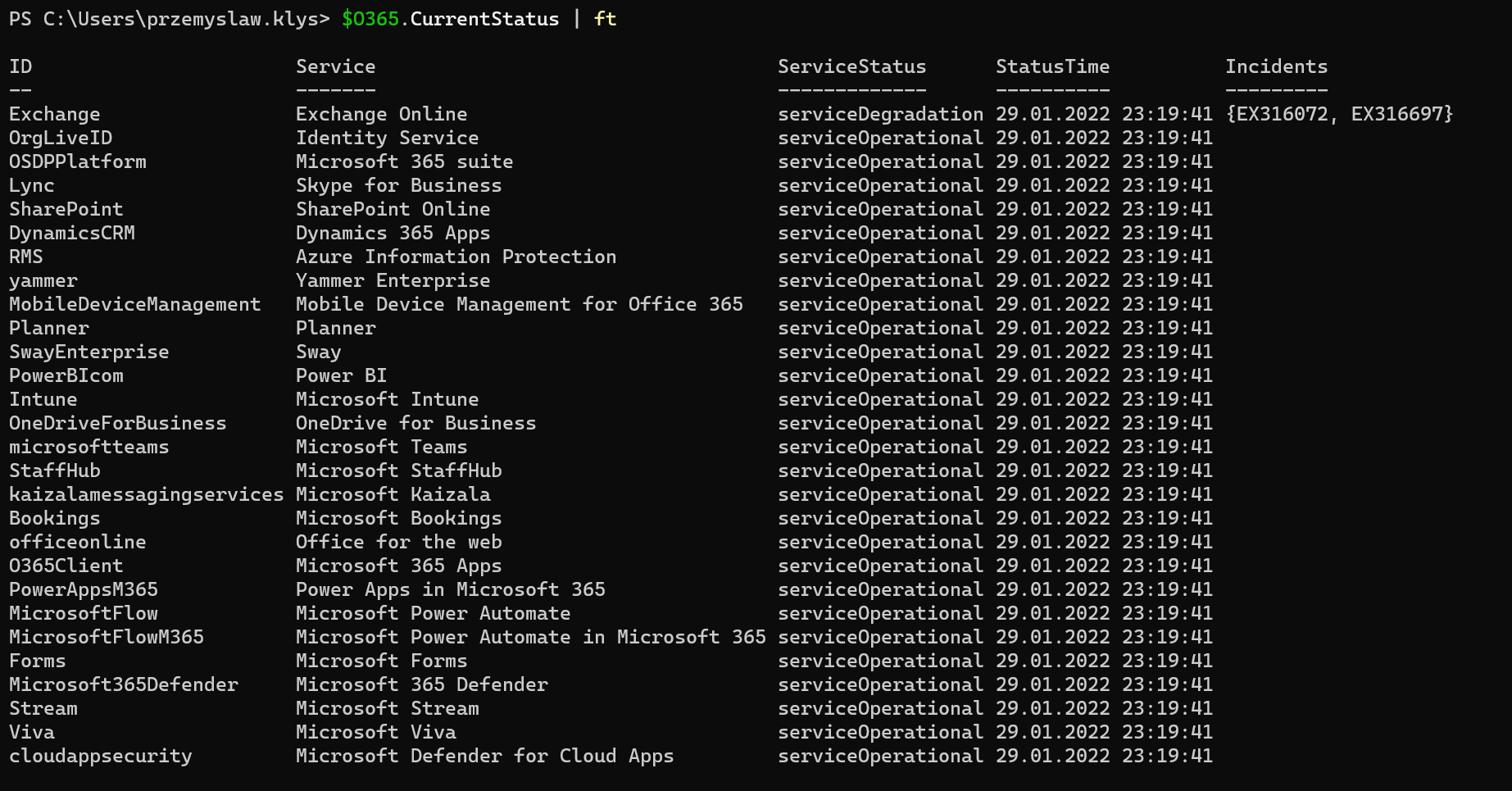 Hashtable output grouped into Office 365 health categories