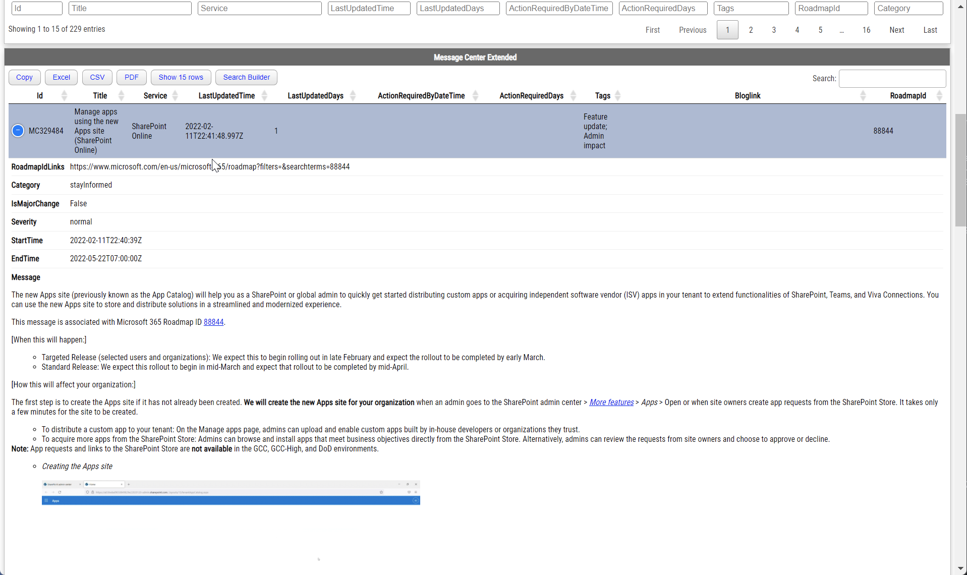 Office 365 health dashboard incidents table