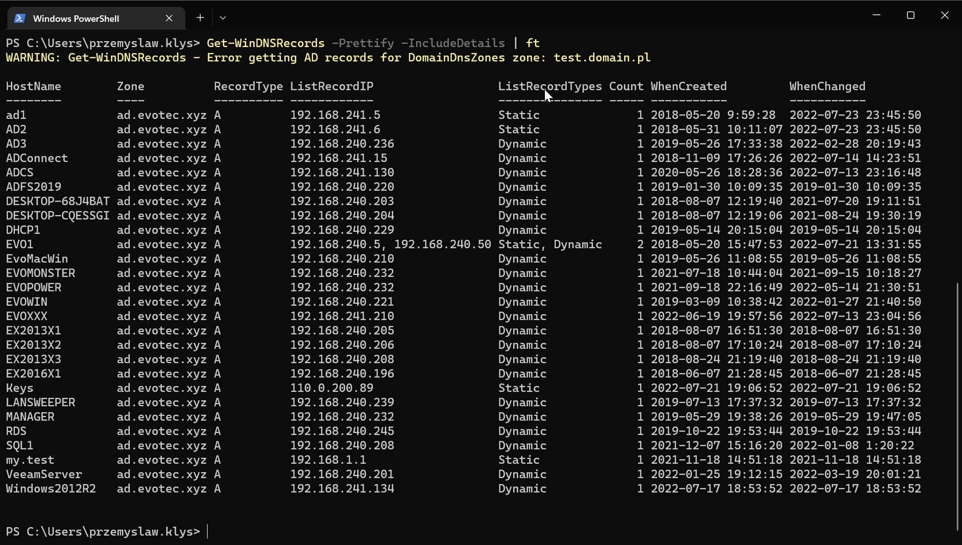 Detailed DNS record output from Get-WinDNSRecords with IncludeDetails and Prettify enabled