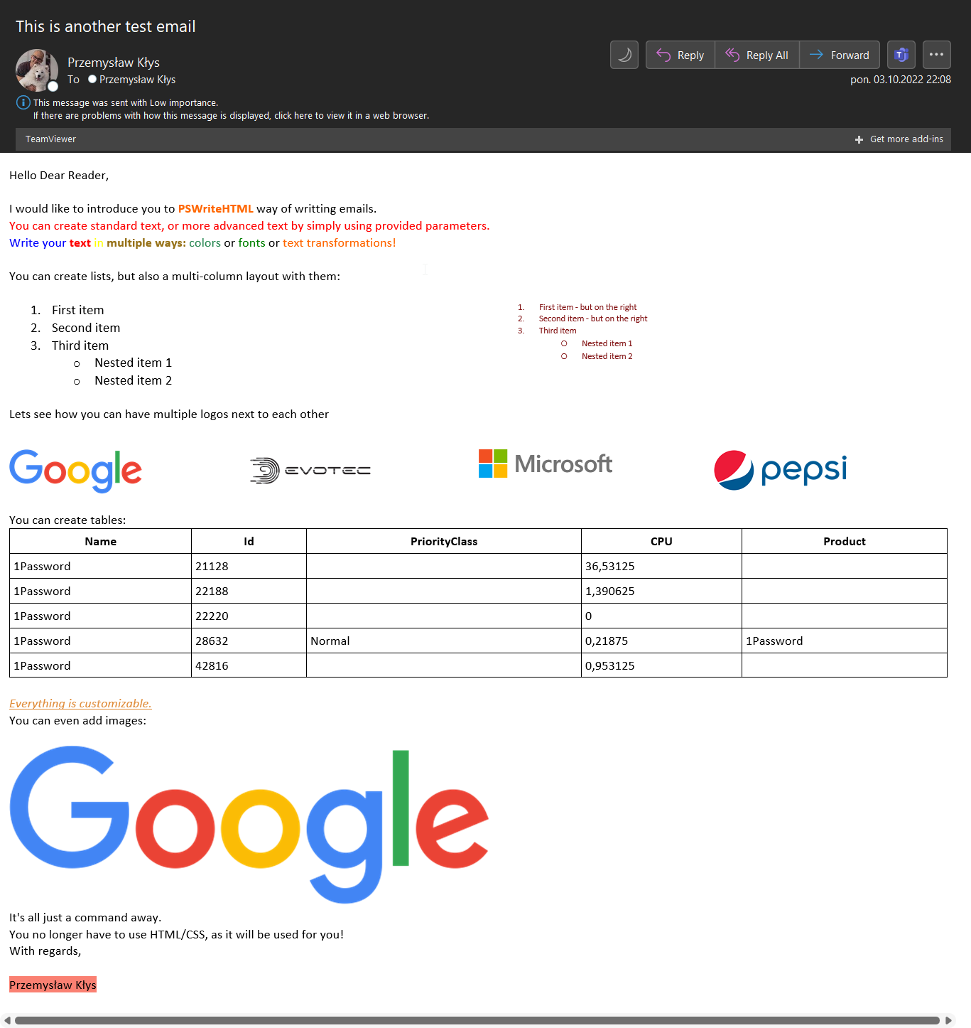 Advanced PSWriteHTML email layout example with multi-column sections rendered for Microsoft Graph delivery.