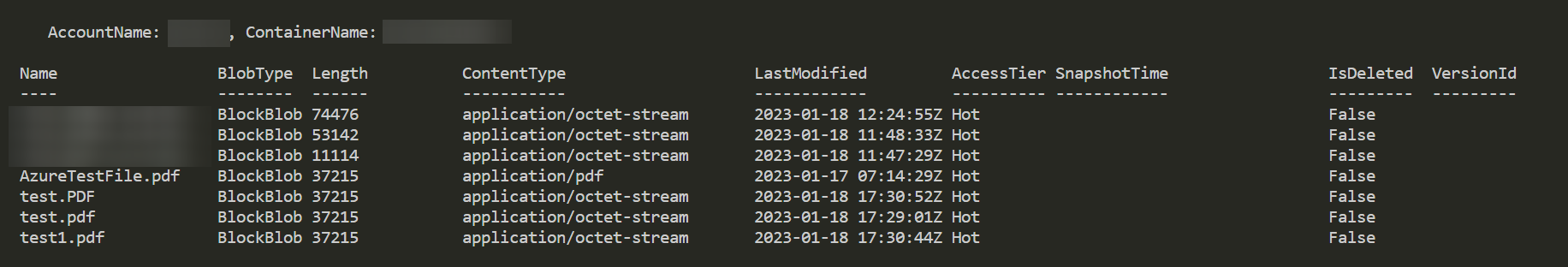 PowerShell table listing Azure Storage blobs with blob type, length, content type, last modified time, access tier, and deletion status.