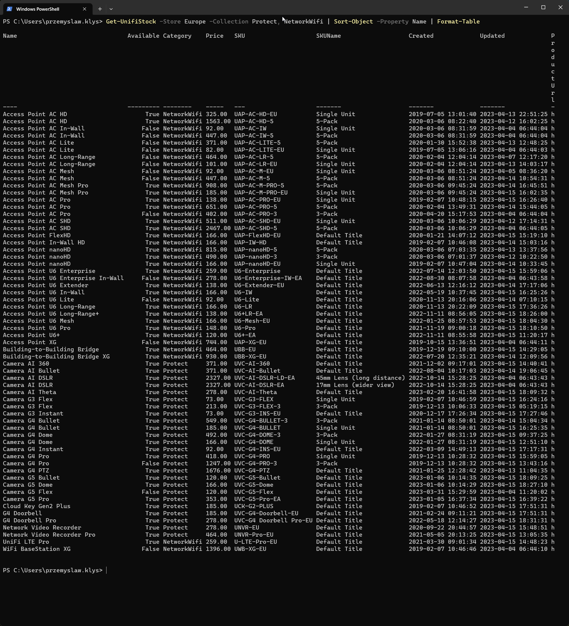 PowerShell table of Ubiquiti stock items filtered to Europe Protect and NetworkWiFi products