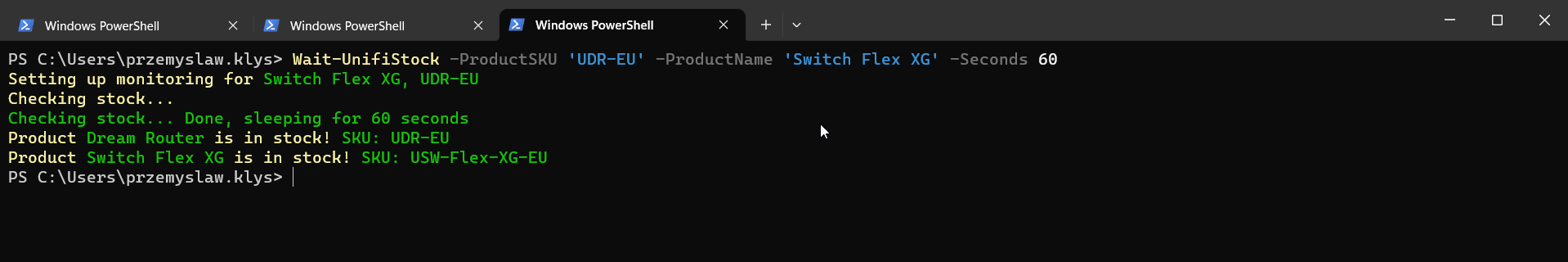 PowerShell window waiting on UDR-EU and Switch Flex XG stock