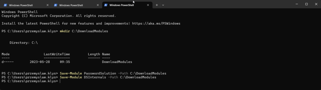 PowerShell output after downloading PasswordSolution and DSInternals modules
