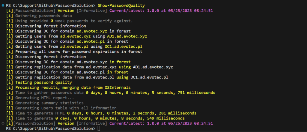 Console help or sample output for the Show-PasswordQuality command