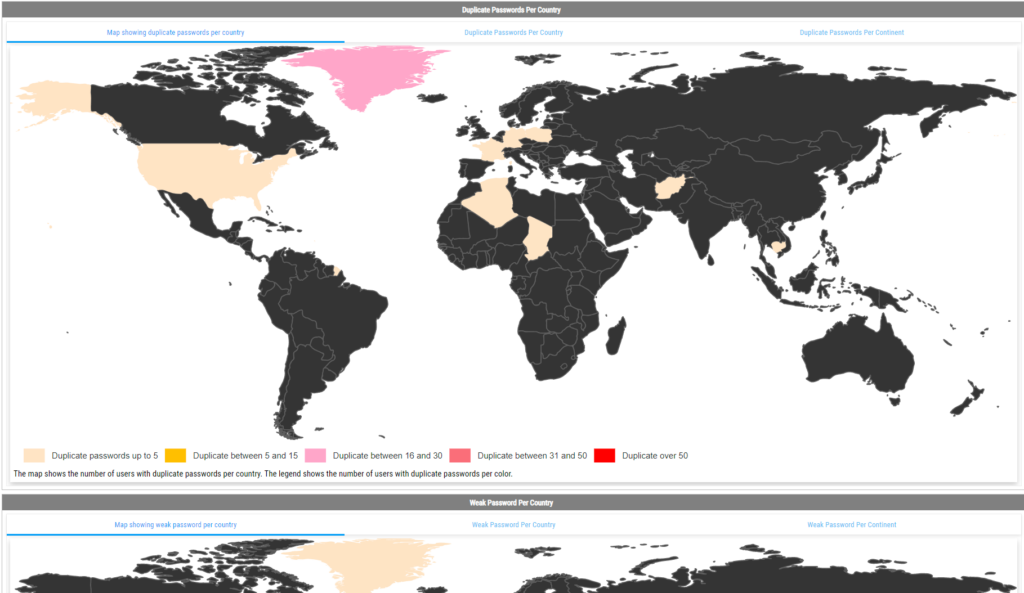 Additional report view with password-quality analysis grouped on a map and tables