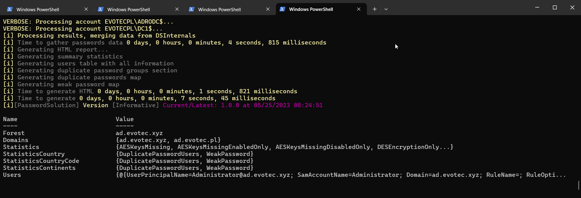 Another console snapshot showing progress and results during the password quality scan