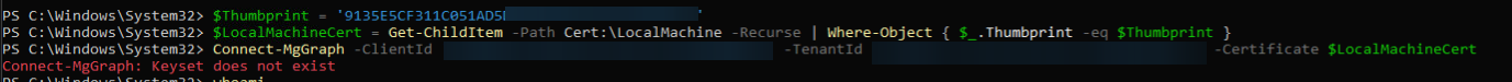 PowerShell scheduled task error showing Connect-MgGraph failing with the message Keyset does not exist