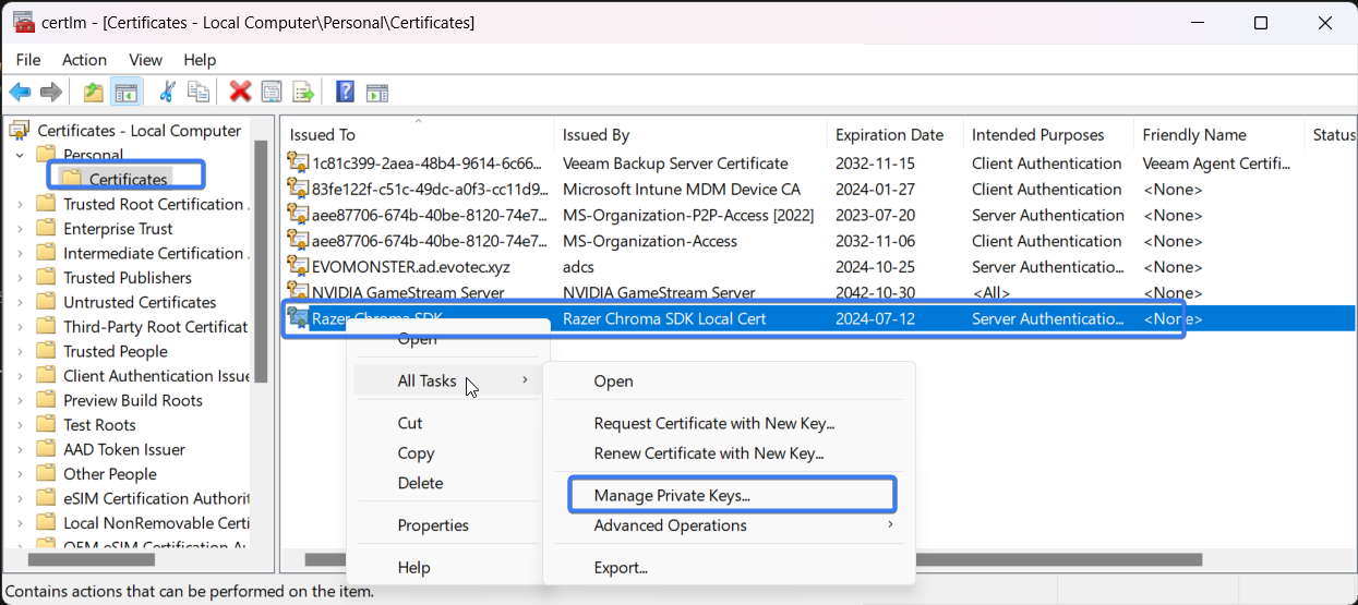 Certificate private key permissions dialog where a service account is granted access for Connect-MgGraph