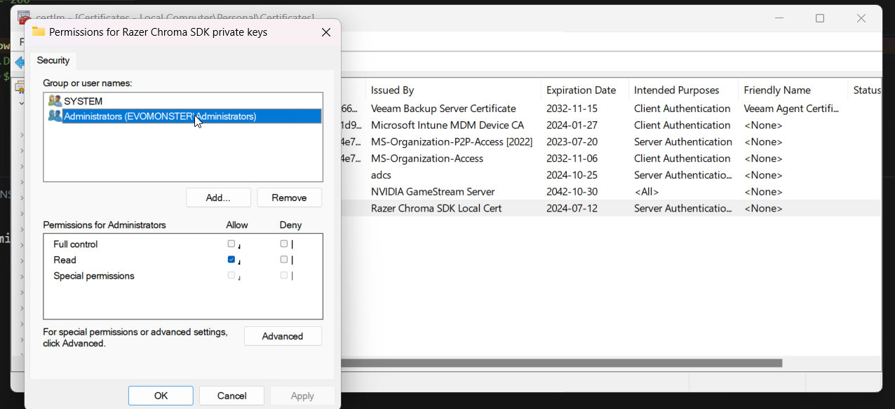 Certificate permissions window showing the added service account with access to the private key