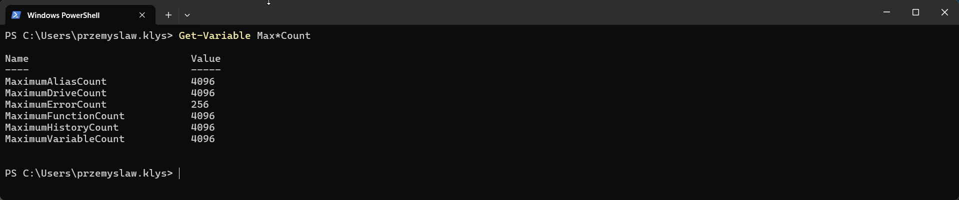 PowerShell output showing Max*Count limits for functions and variables