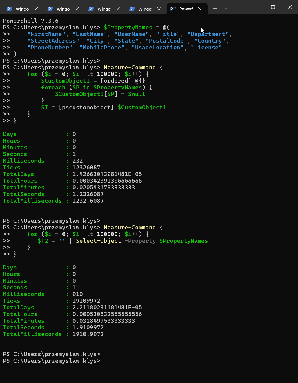 PowerShell 7.3 benchmark comparing an OrderedDictionary PSCustomObject approach against Select-Object for 100000 iterations.