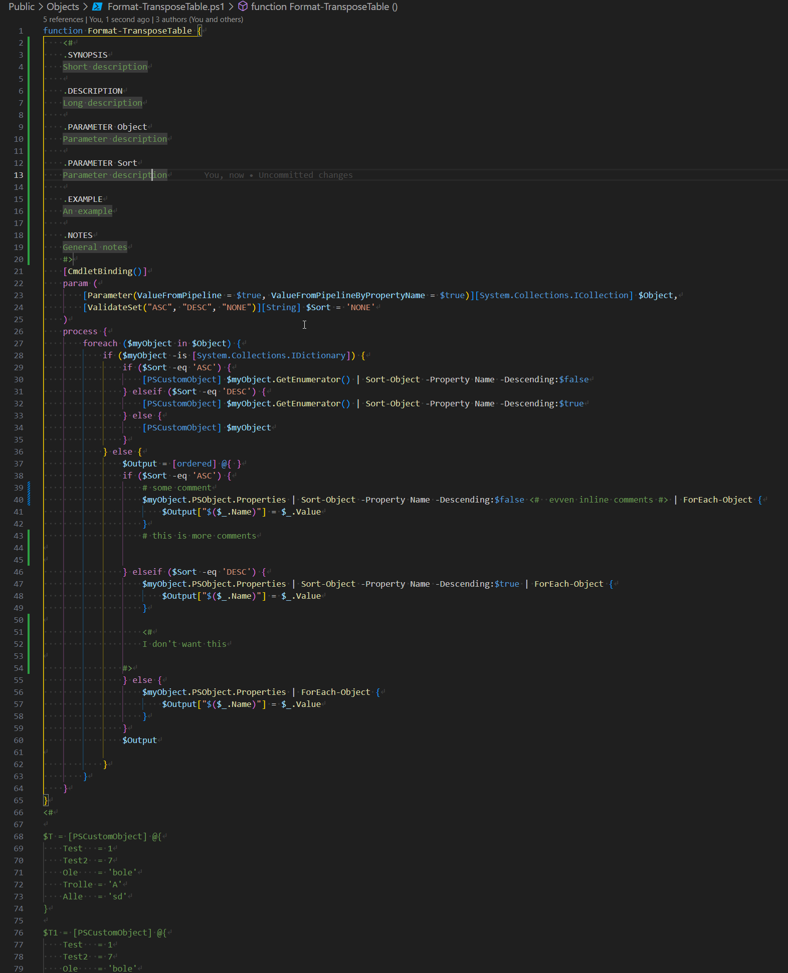 Original Format-TransposeTable PowerShell script with inline comments before running the Remove-Comments cleanup function.