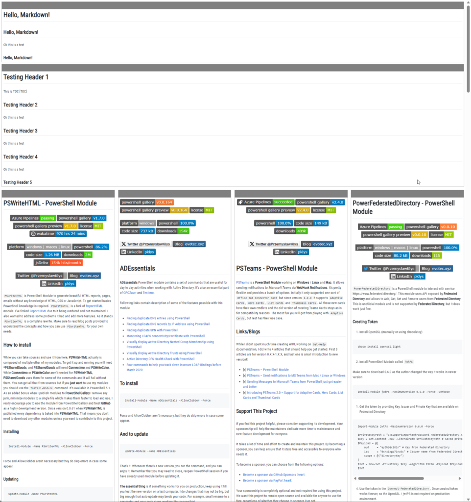 PSWriteHTML report preview showing markdown-rendered module cards and article sections combined in one HTML page.