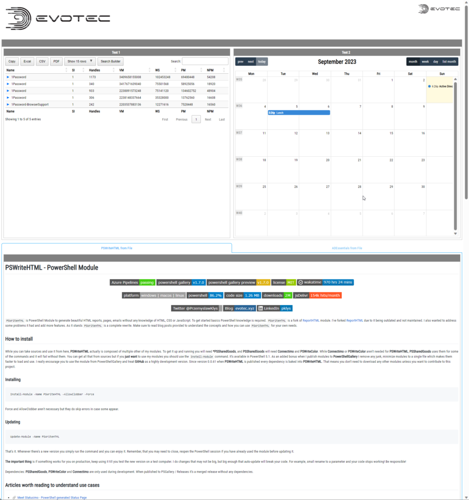 PSWriteHTML report preview combining a searchable table, a calendar view, and markdown content in the same layout.