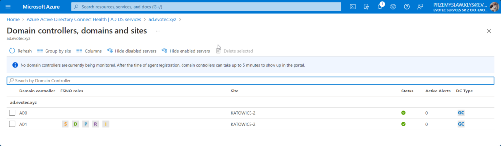 Forest summary showing one domain, one site, and two monitored domain controllers