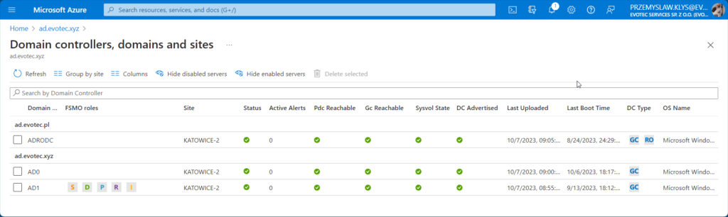 Domain Controllers table with last uploaded time, boot time, and reachability columns