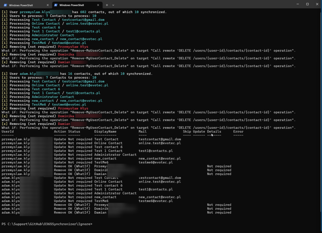 PowerShell WhatIf output showing group members removed while only contacts remain synchronized